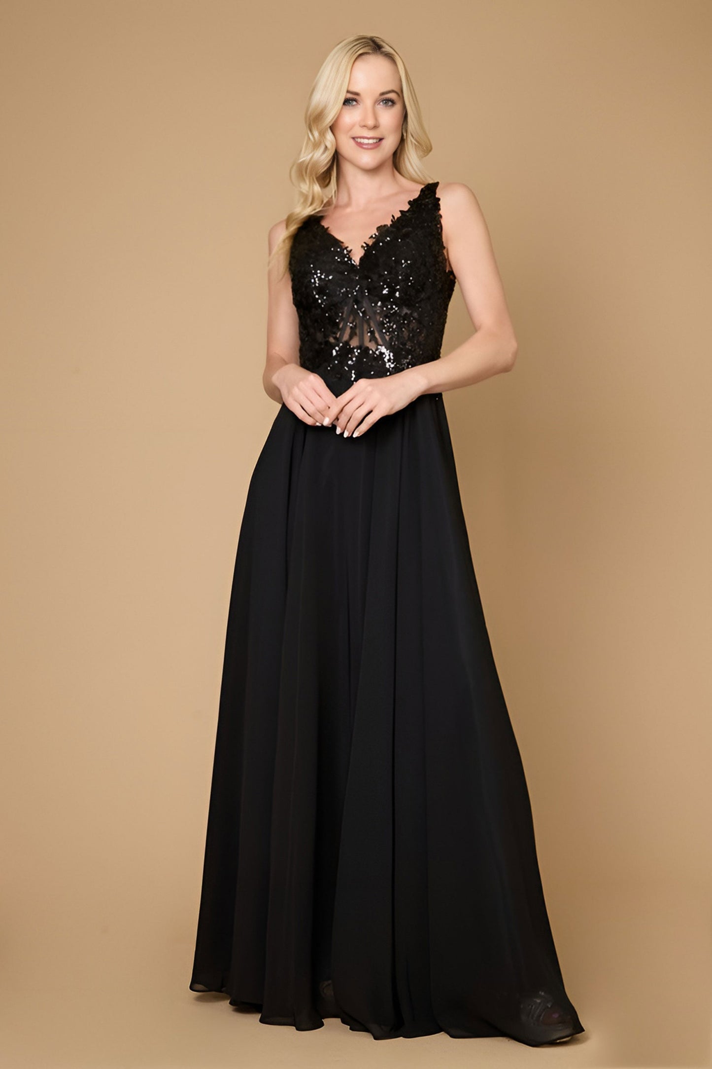 Elegant black formal dress for the mother of the bride, featuring long thick straps and a sophisticated design.