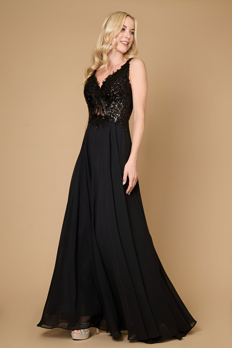Elegant black formal dress for the mother of the bride, featuring long thick straps and a sophisticated design.