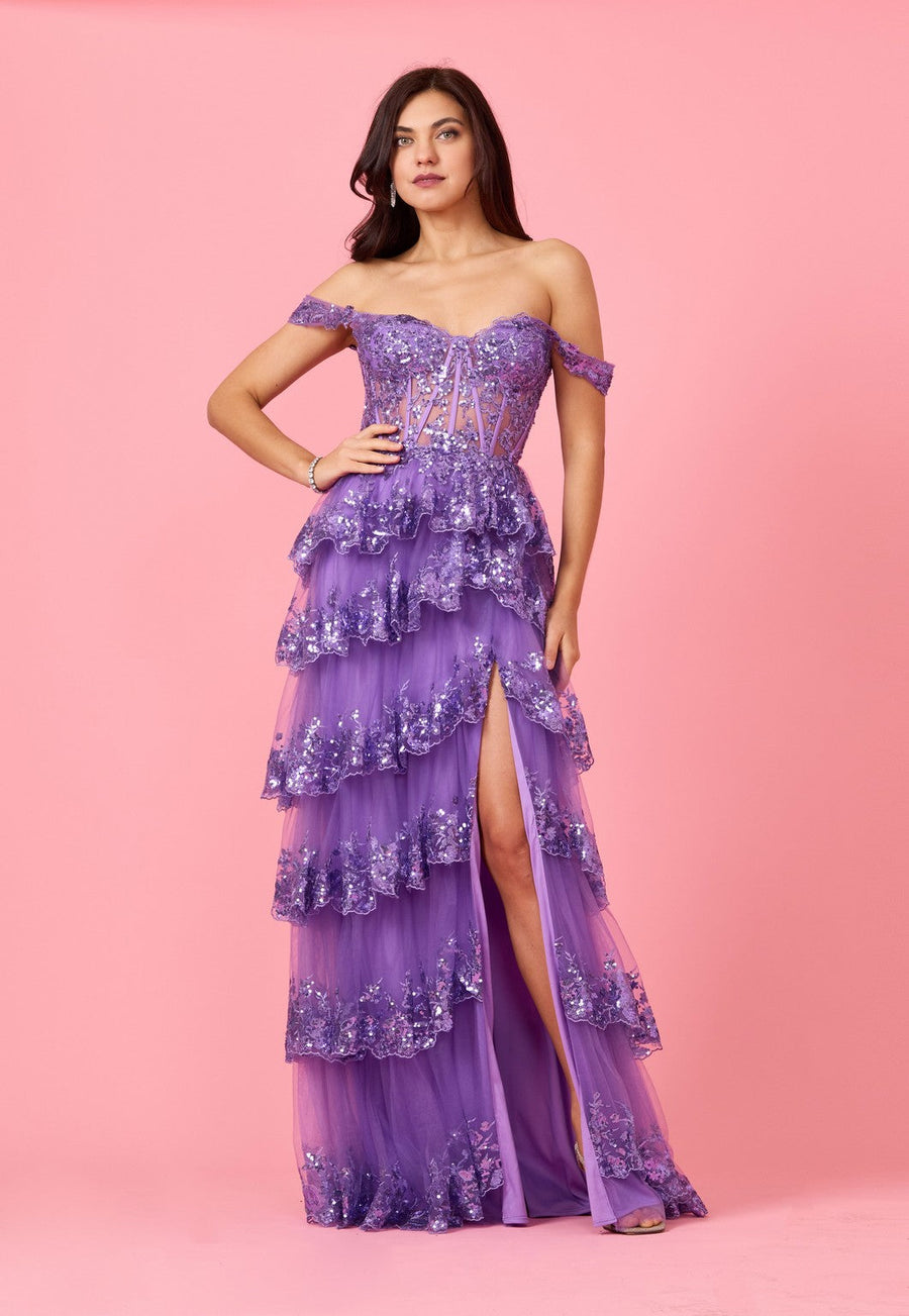 Kos Couture Long Sequin Sheer Corset Prom Dress