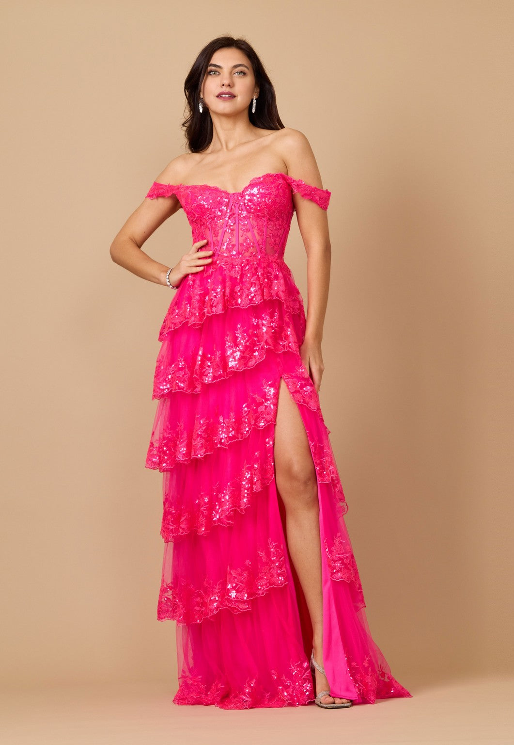Kos Couture Long Sequin Sheer Corset Prom Dress