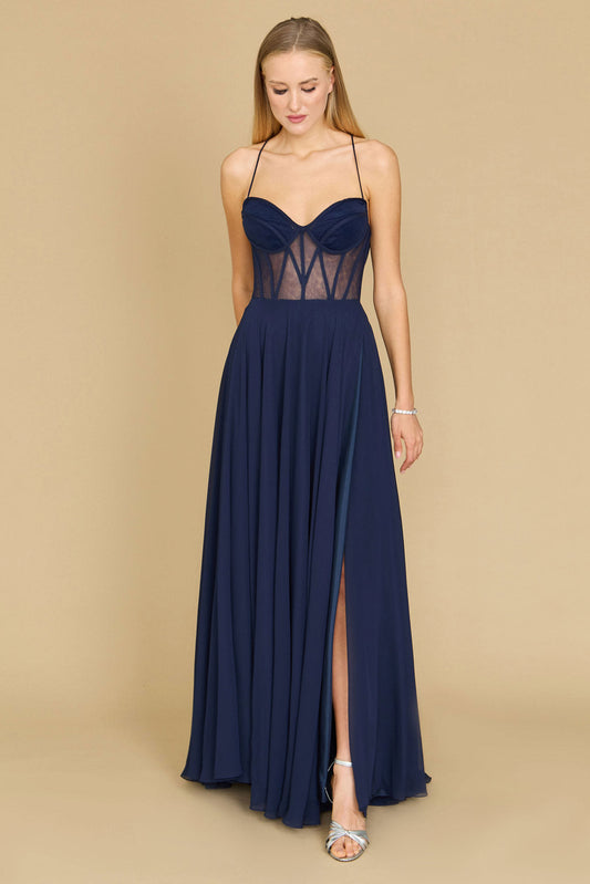 Kos Couture 1348 Long Chiffon Elegant Corset Formal Prom Dress Navy