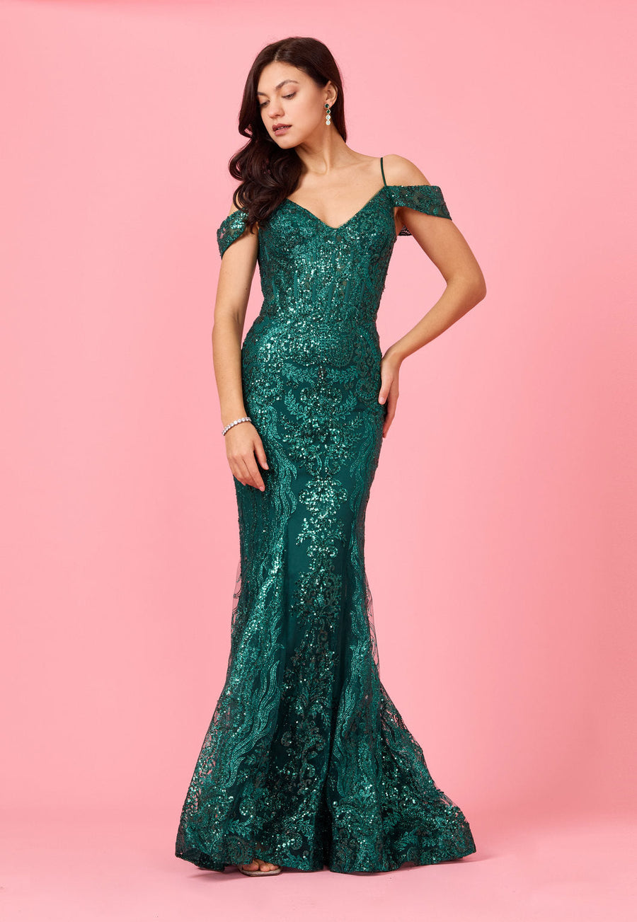 Kos Couture Off Shoulder Sequin Corset Formal Dress
