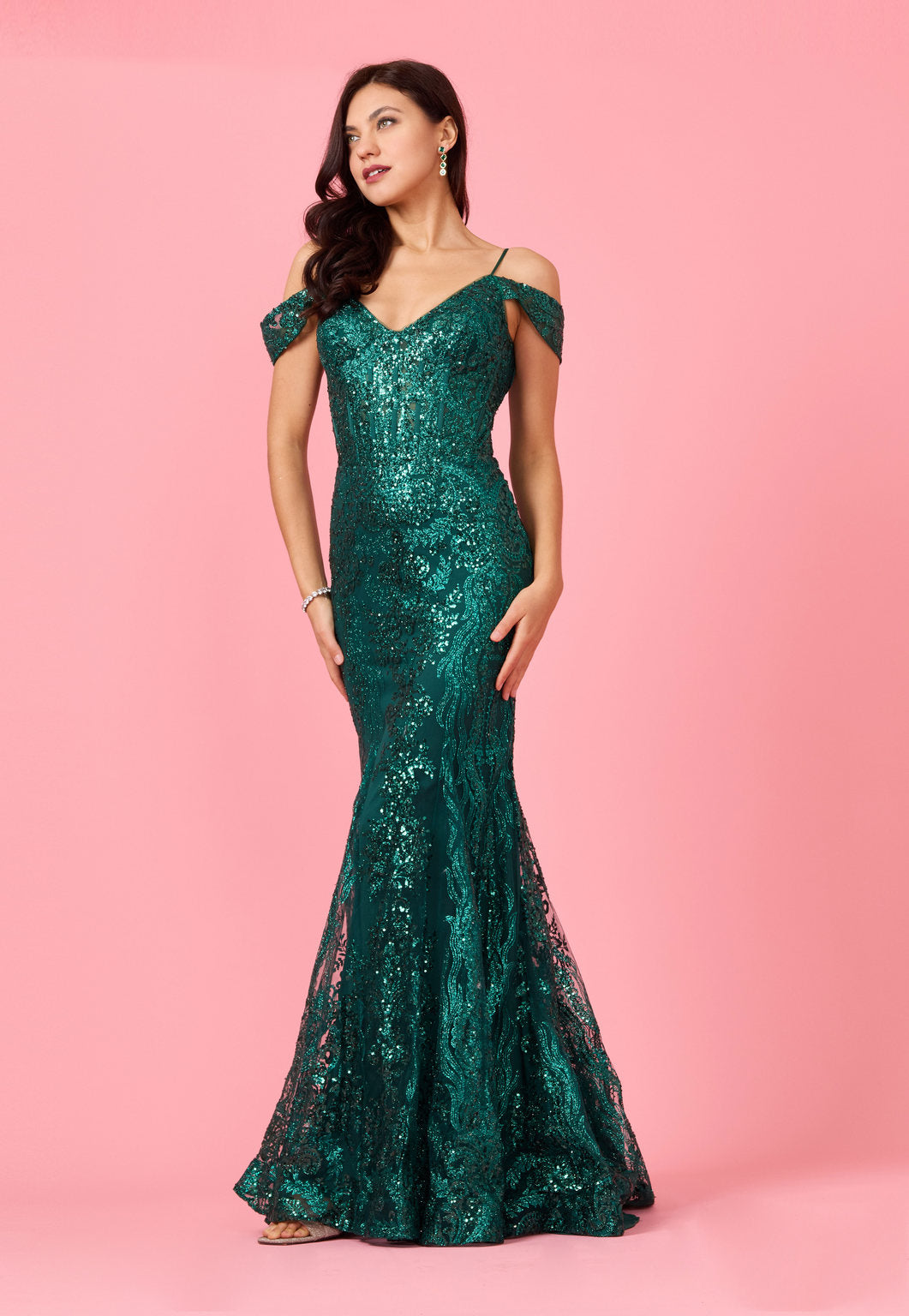 Kos Couture Off Shoulder Sequin Corset Formal Dress