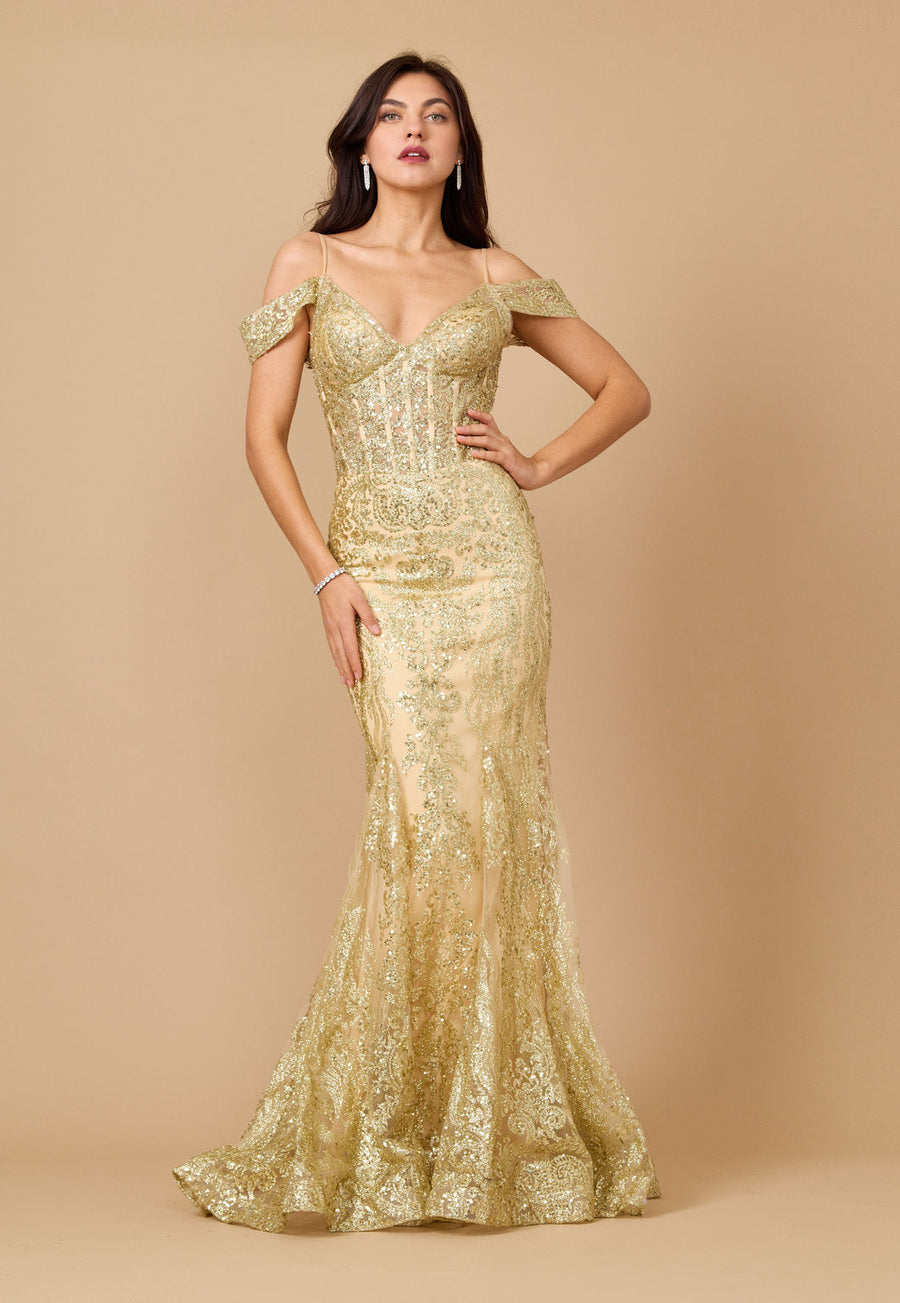 Kos Couture Off Shoulder Sequin Corset Formal Dress