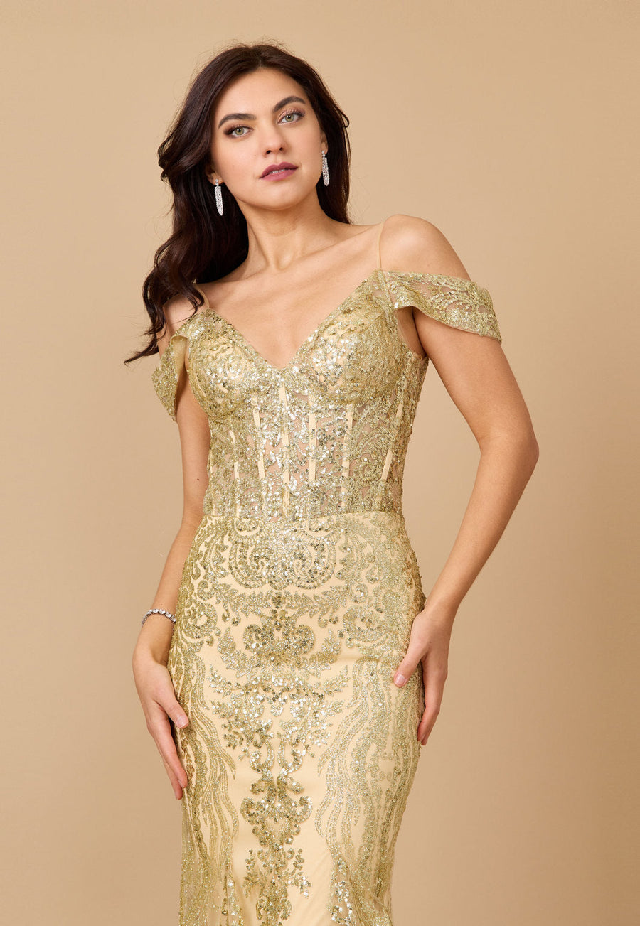 Kos Couture Off Shoulder Sequin Corset Formal Dress