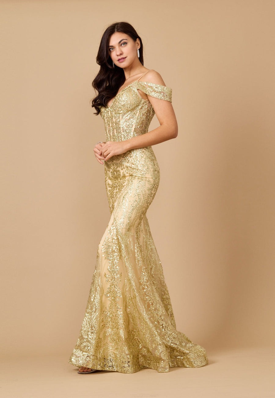 Kos Couture Off Shoulder Sequin Corset Formal Dress