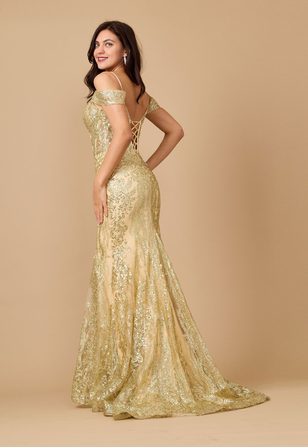 Kos Couture Off Shoulder Sequin Corset Formal Dress