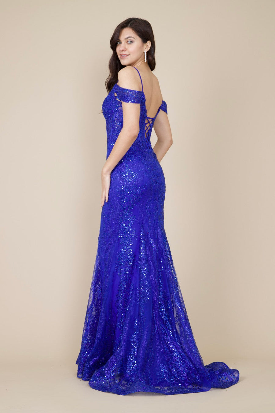 Kos Couture Off Shoulder Sequin Corset Formal Dress