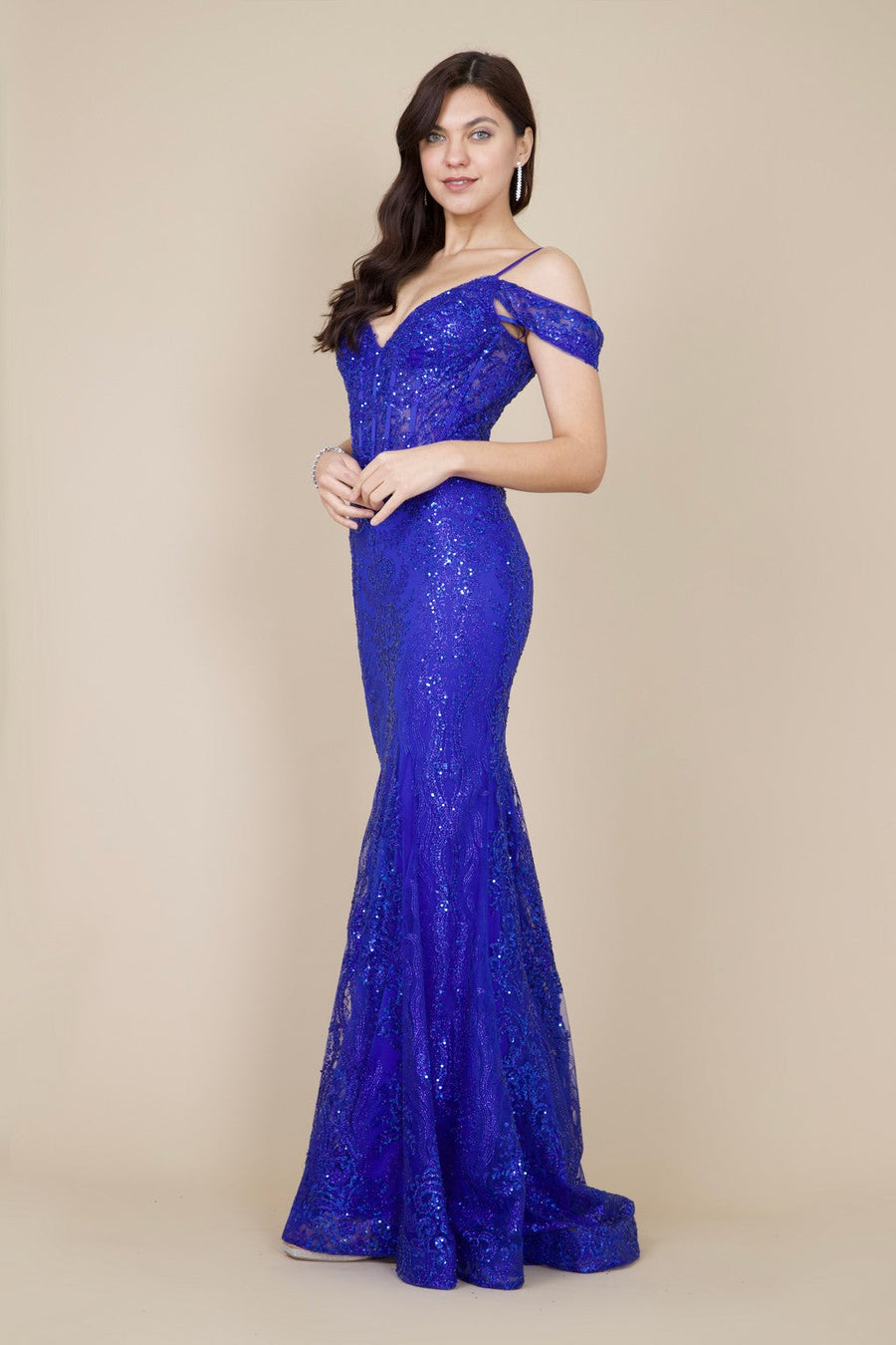 Kos Couture Off Shoulder Sequin Corset Formal Dress