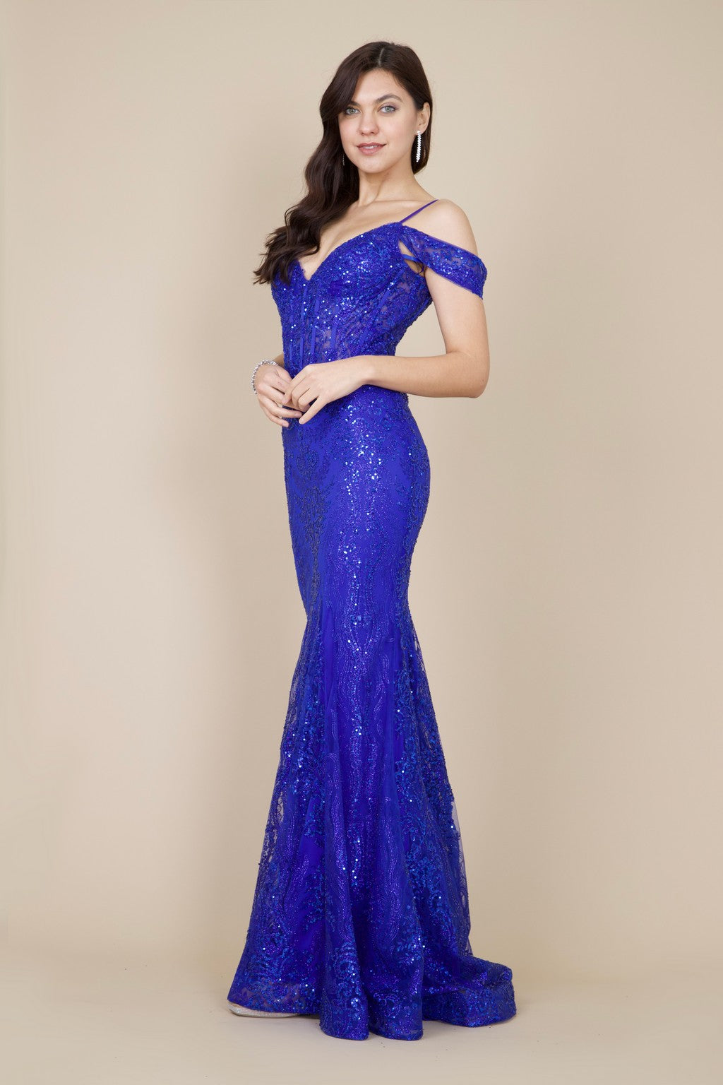 Kos Couture Off Shoulder Sequin Corset Formal Dress