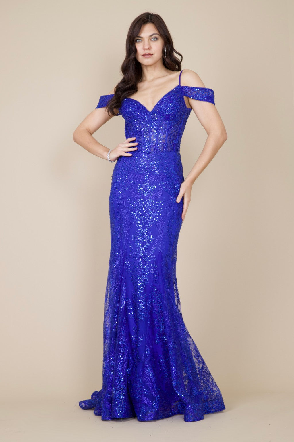 Kos Couture Off Shoulder Sequin Corset Formal Dress