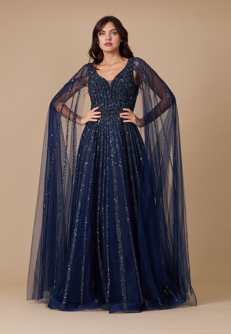 Kos Couture Cape Sleeve Heavy Beaded Couture Formal Dress
