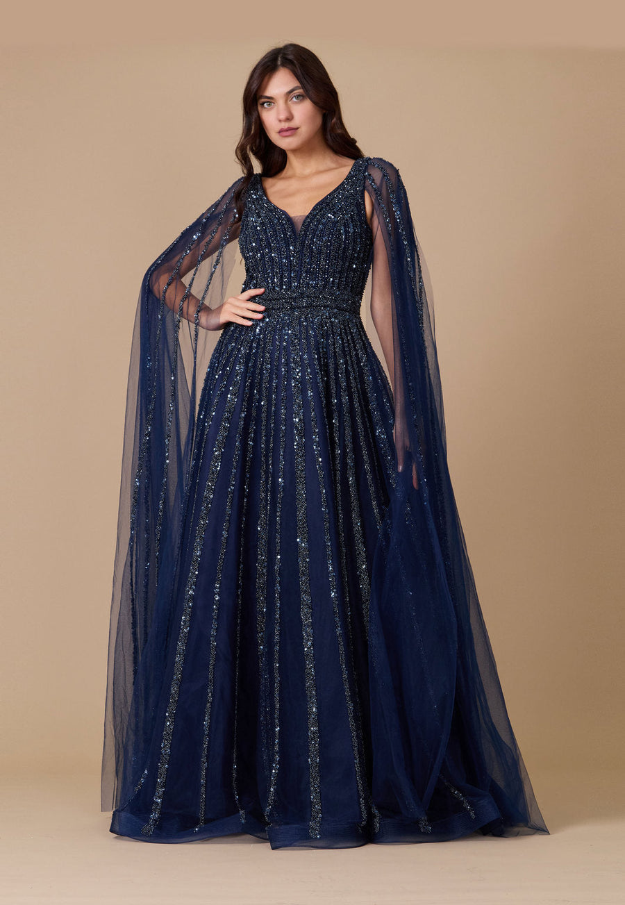 Kos Couture Cape Sleeve Heavy Beaded Couture Formal Dress