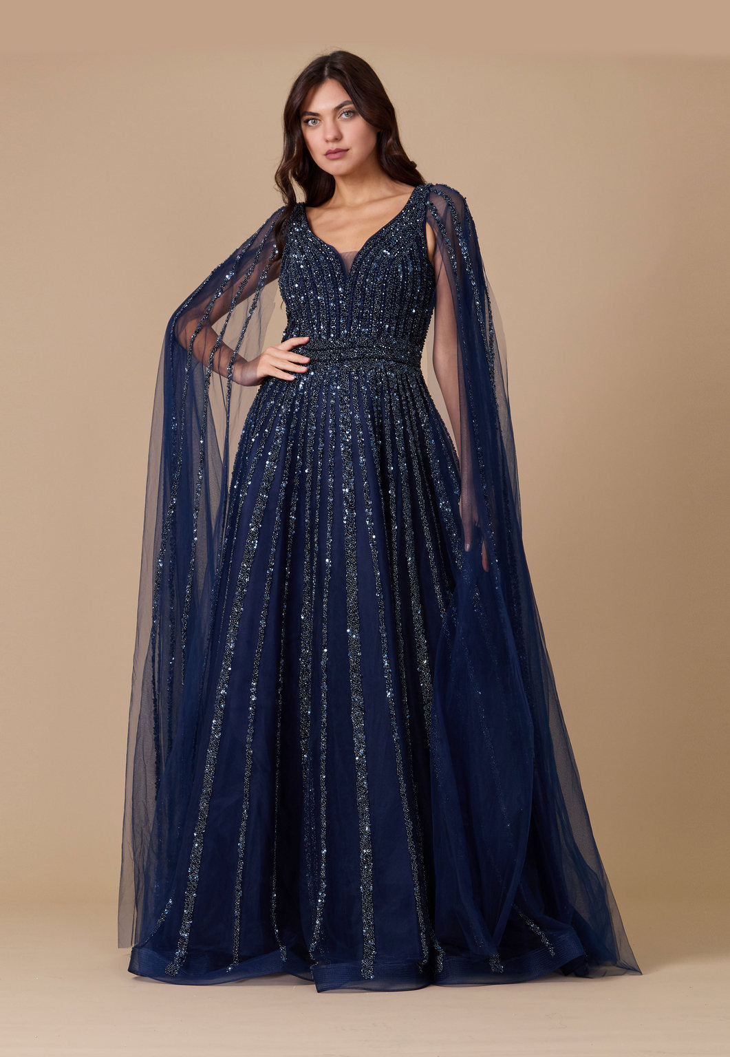 Kos Couture Cape Sleeve Heavy Beaded Couture Formal Dress