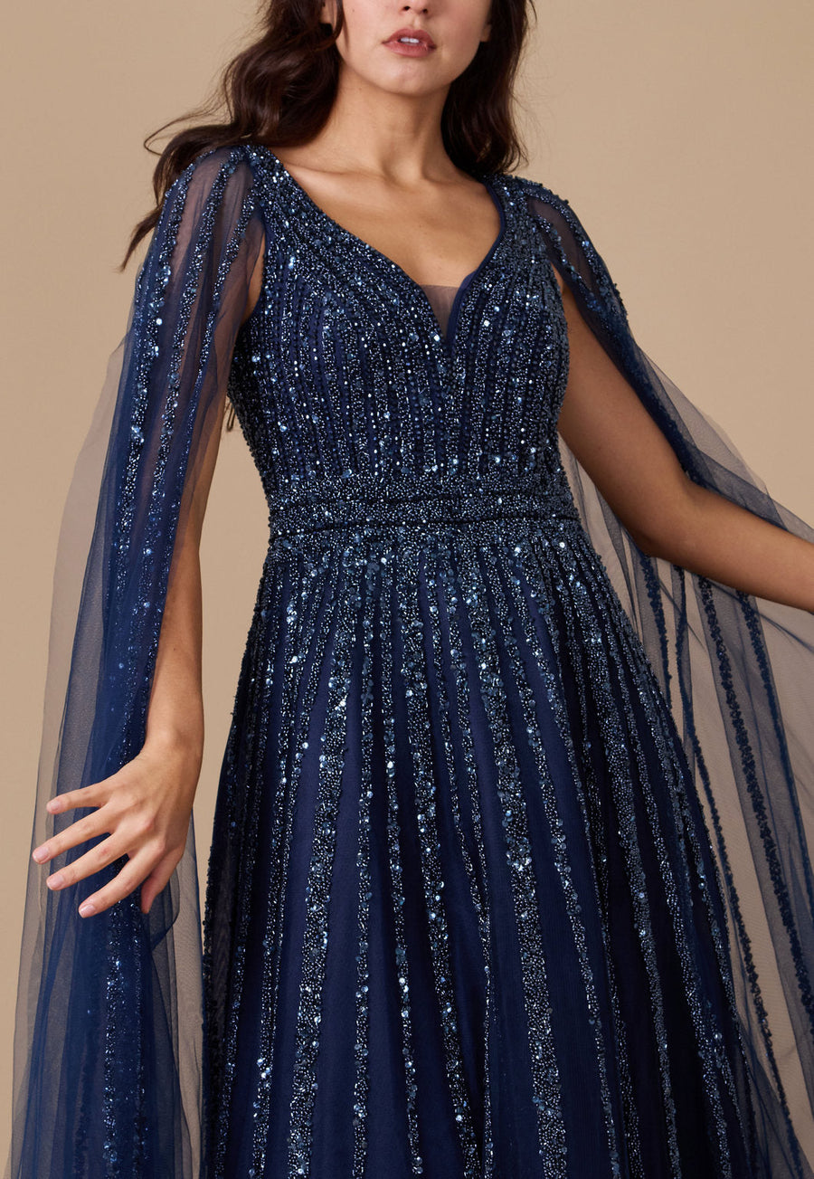 Kos Couture Cape Sleeve Heavy Beaded Couture Formal Dress