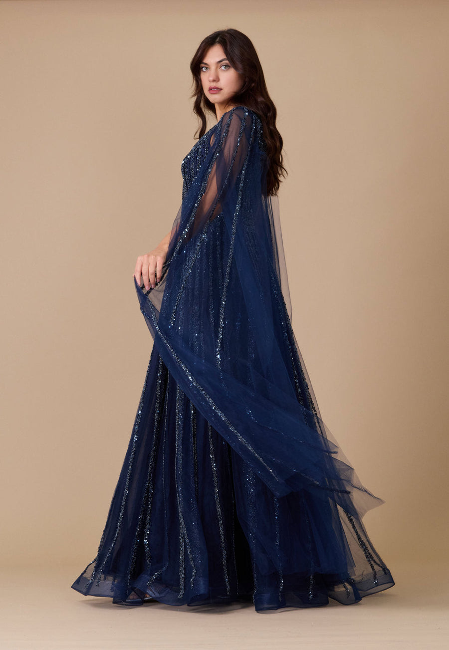 Kos Couture Cape Sleeve Heavy Beaded Couture Formal Dress