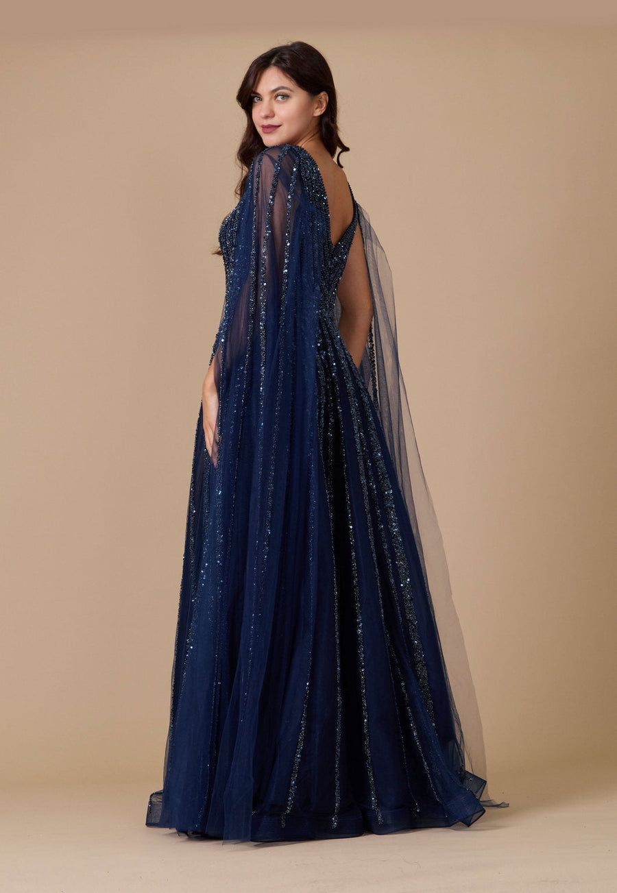Kos Couture Cape Sleeve Heavy Beaded Couture Formal Dress