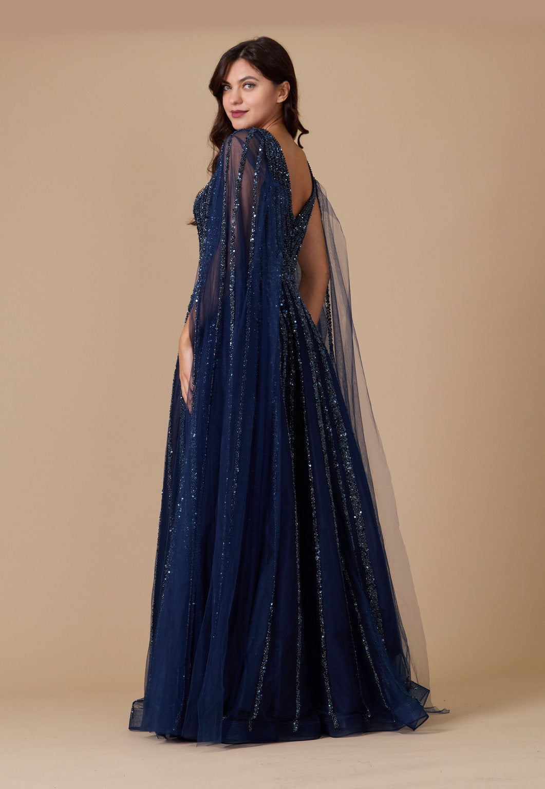 Kos Couture Cape Sleeve Heavy Beaded Couture Formal Dress