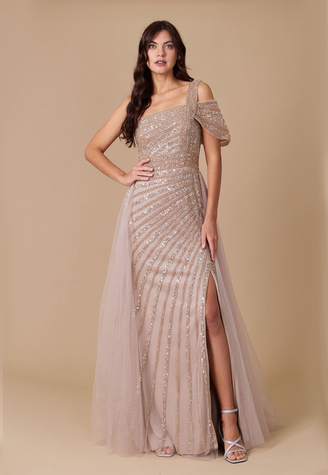 Kos Couture One Shoulder Hand Beaded Formal Couture Dress