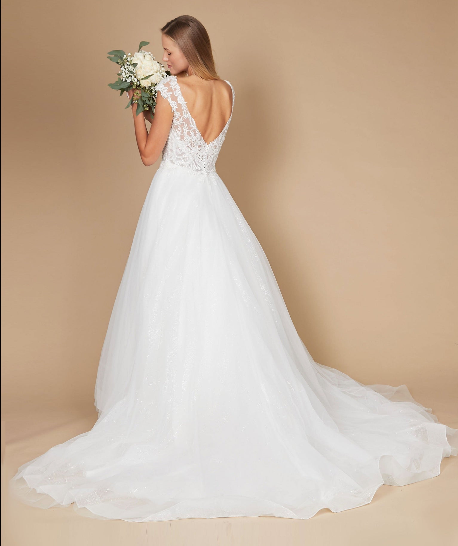Kos Couture Long Cap Sleeve Lace Wedding Dress
