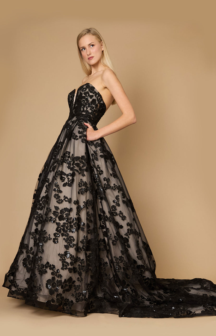 Kos Couture Long Black Tie Formal Couture Ball Gown