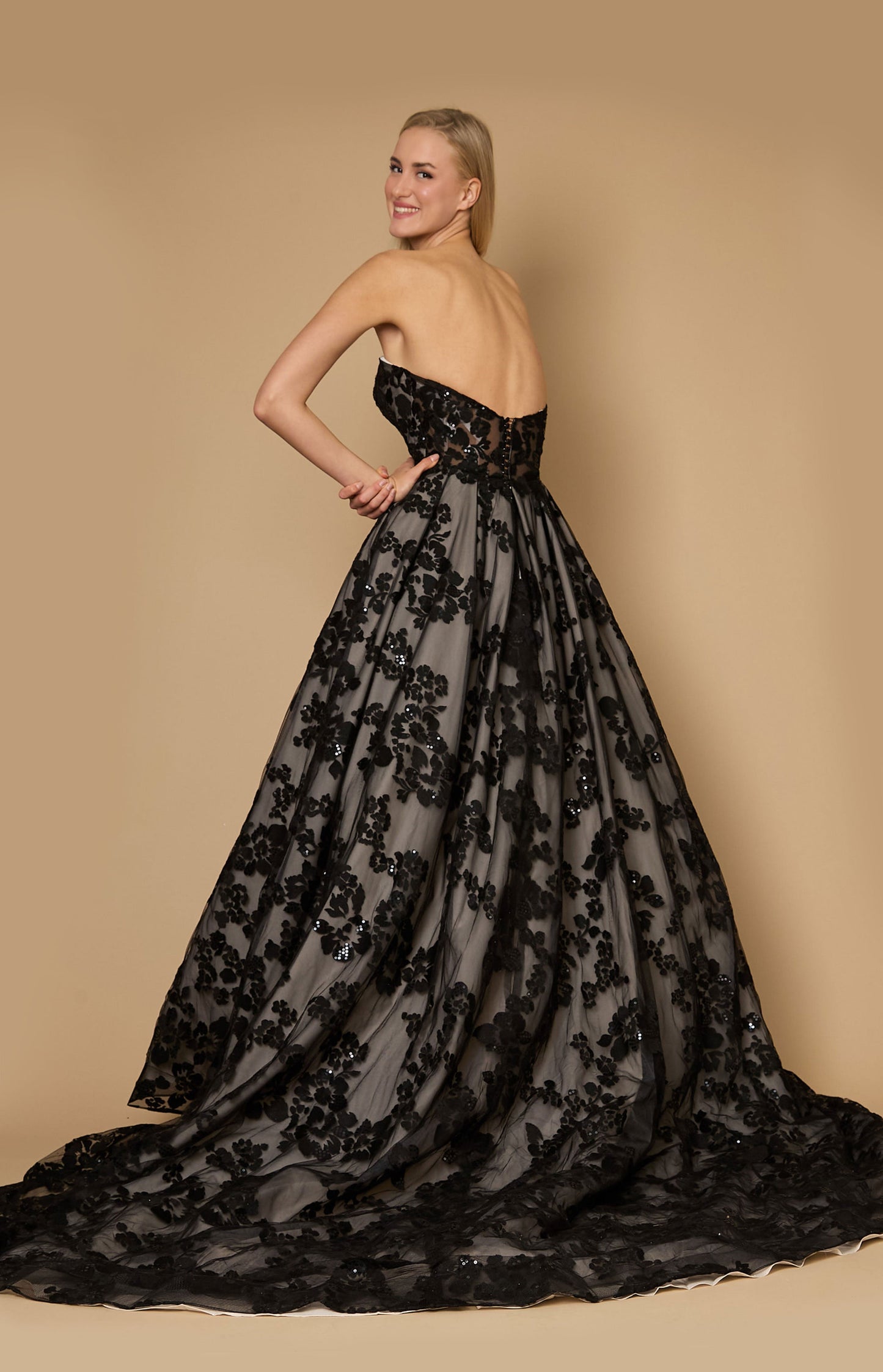 Kos Couture Long Black Tie Formal Couture Ball Gown