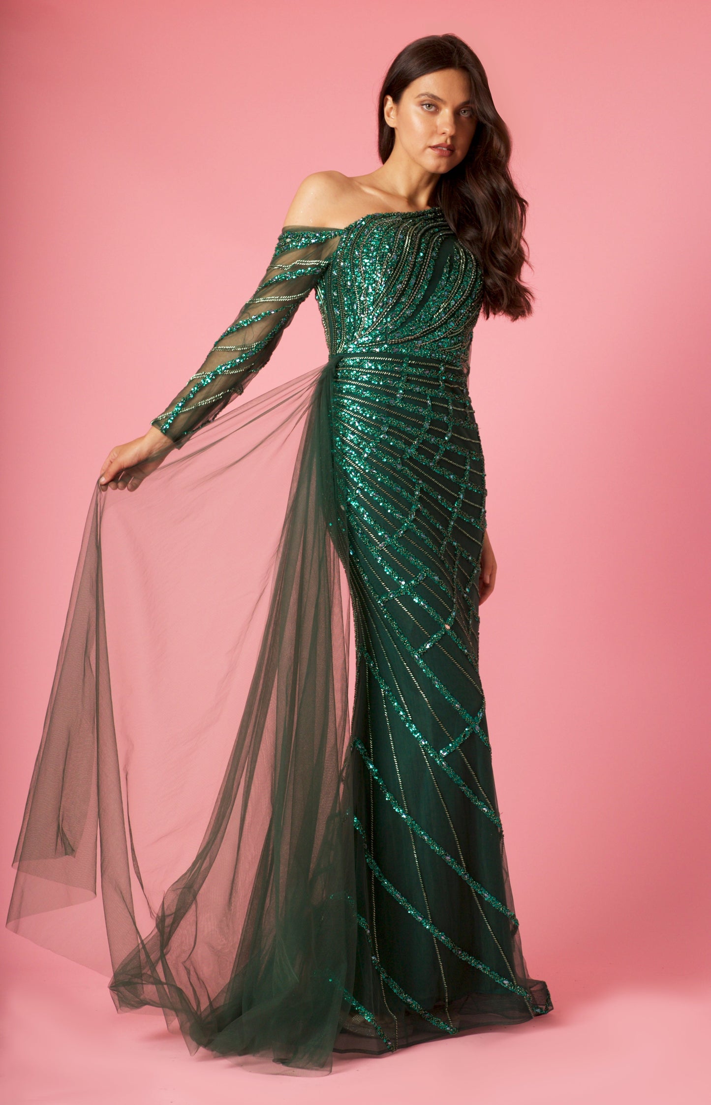 Kos Couture Long Couture Long Sleeve Hand Beaded Formal Dress