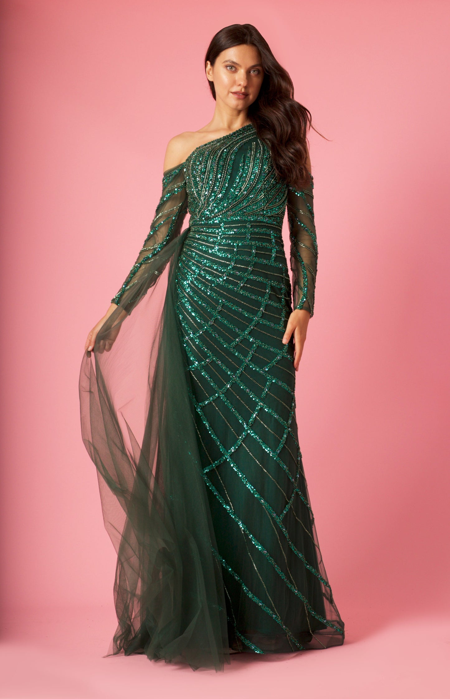 Kos Couture Long Couture Long Sleeve Hand Beaded Formal Dress