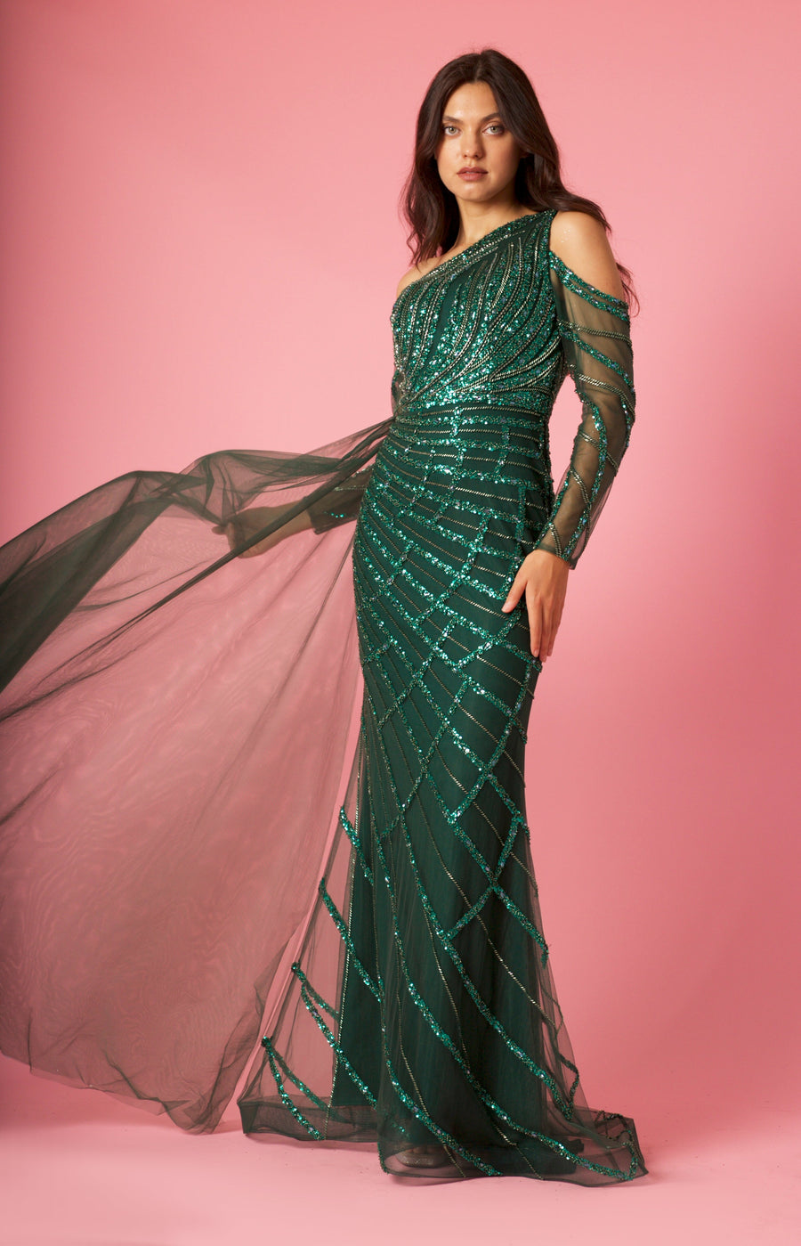 Kos Couture Long Couture Long Sleeve Hand Beaded Formal Dress