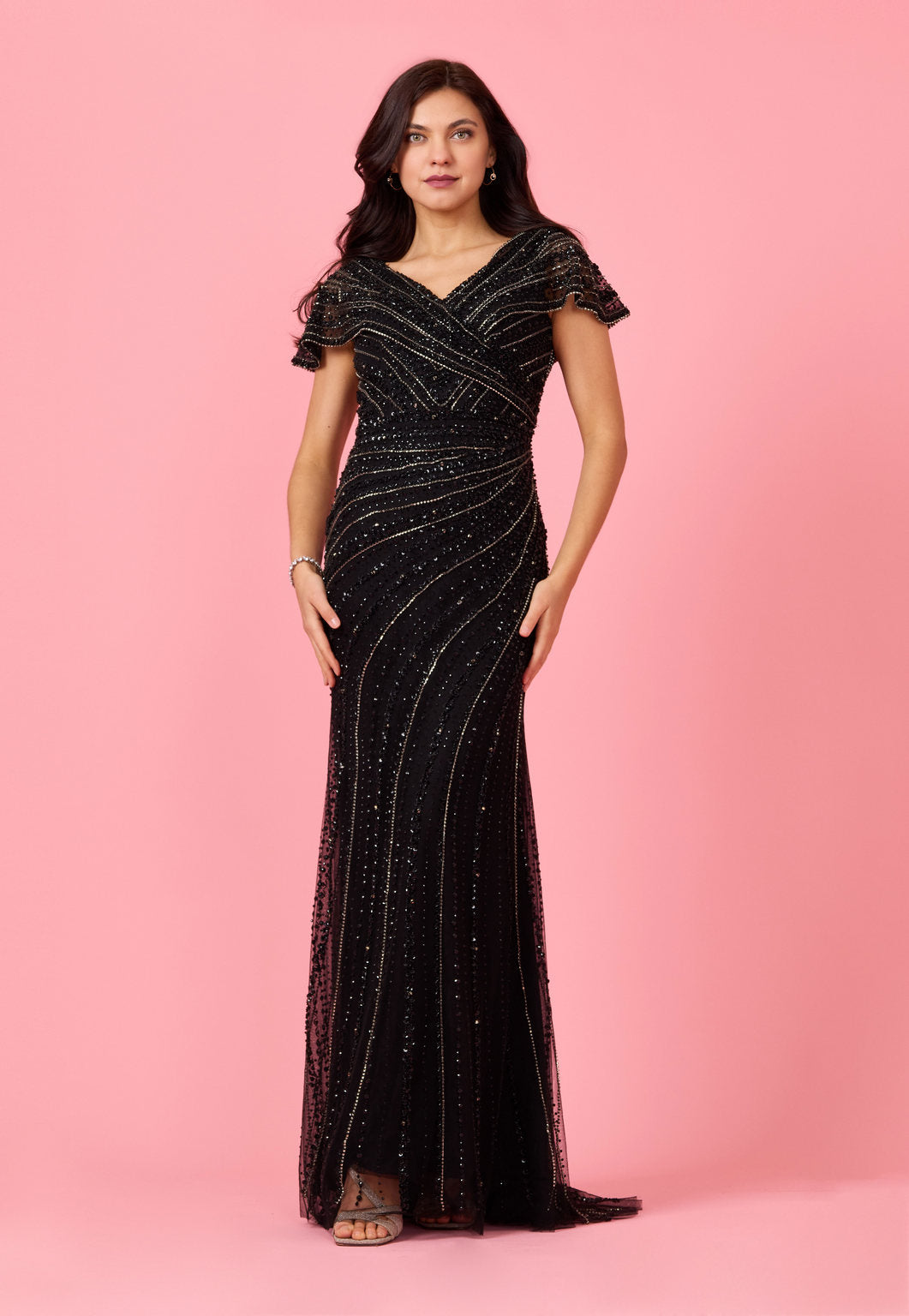 Kos Couture Short Sleeve Hand Beaded Formal Couture Dress