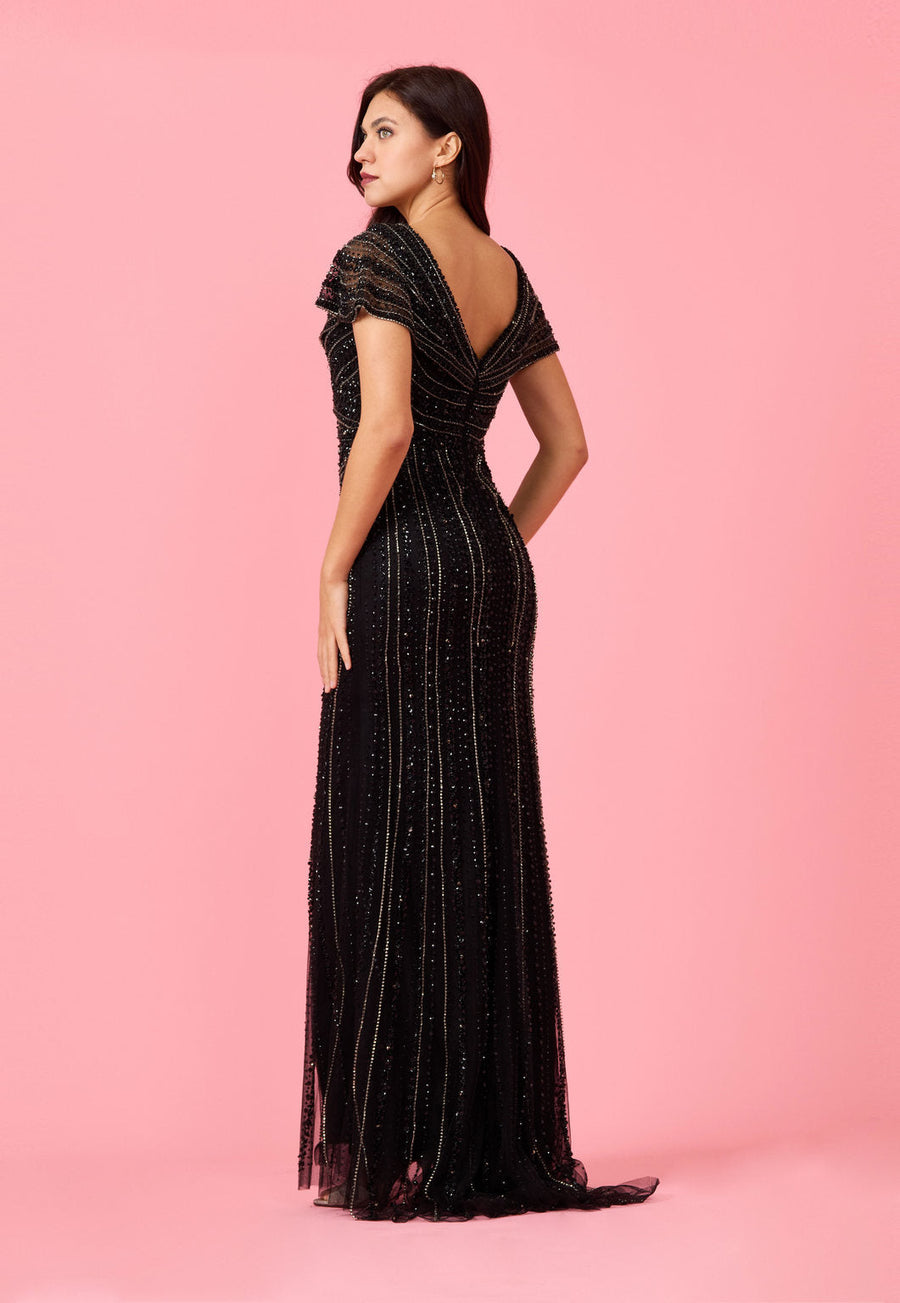 Kos Couture Short Sleeve Hand Beaded Formal Couture Dress