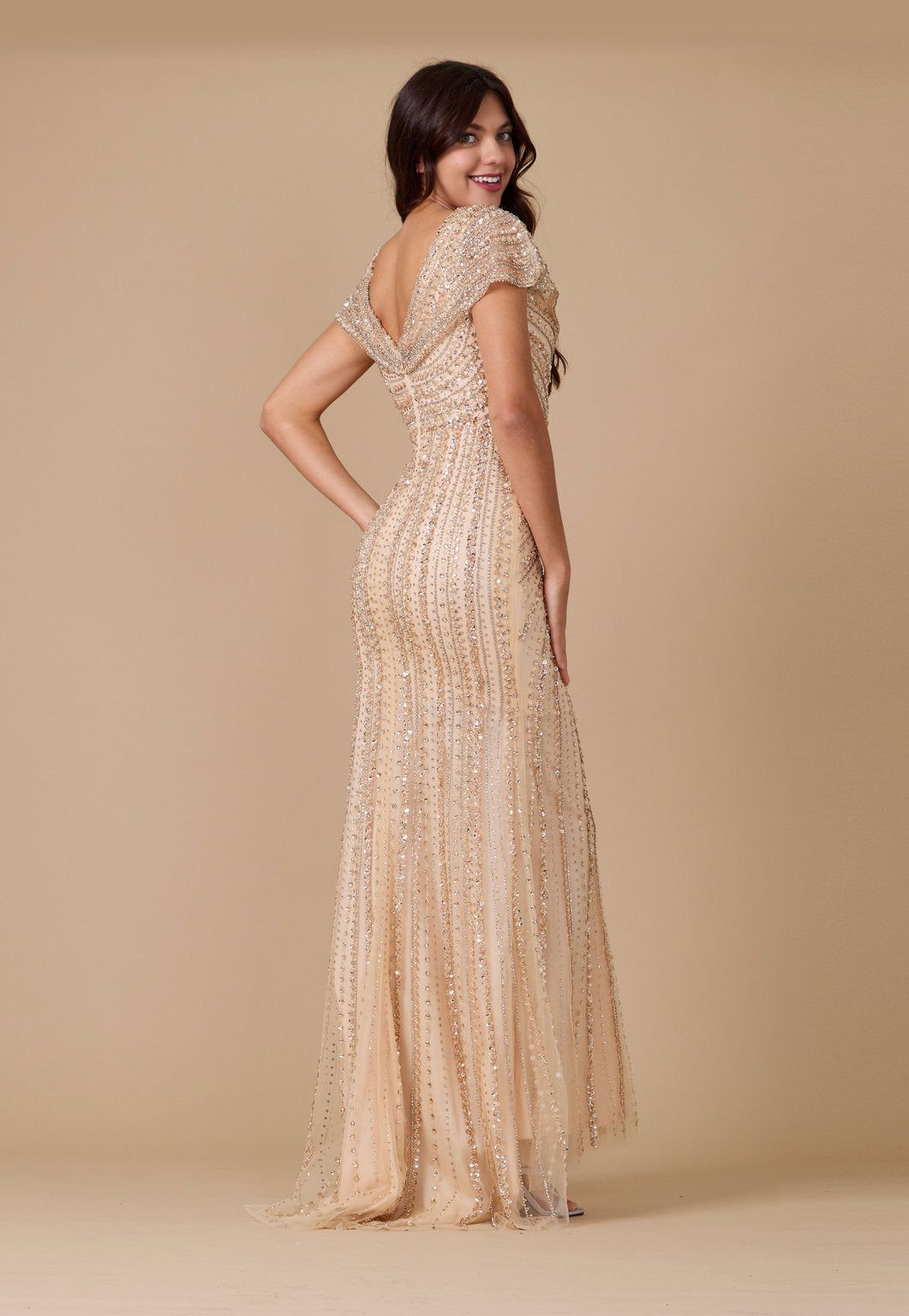 Kos Couture Short Sleeve Hand Beaded Formal Couture Dress