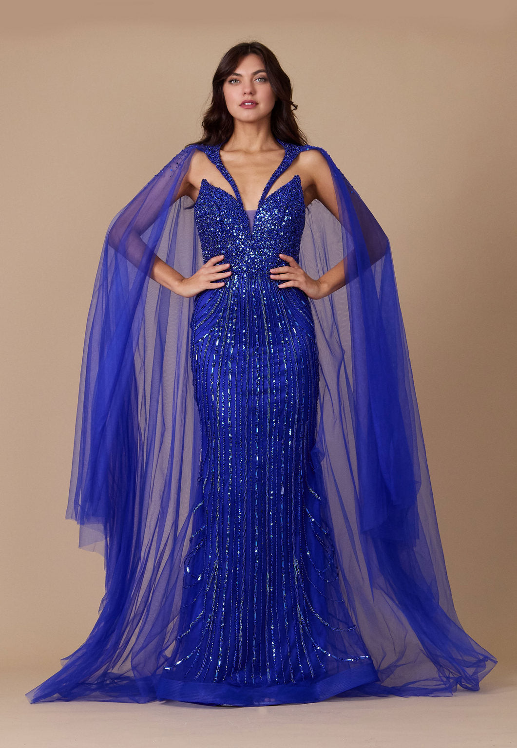 Kos Couture Long Sequin Cape Couture Evening Dress