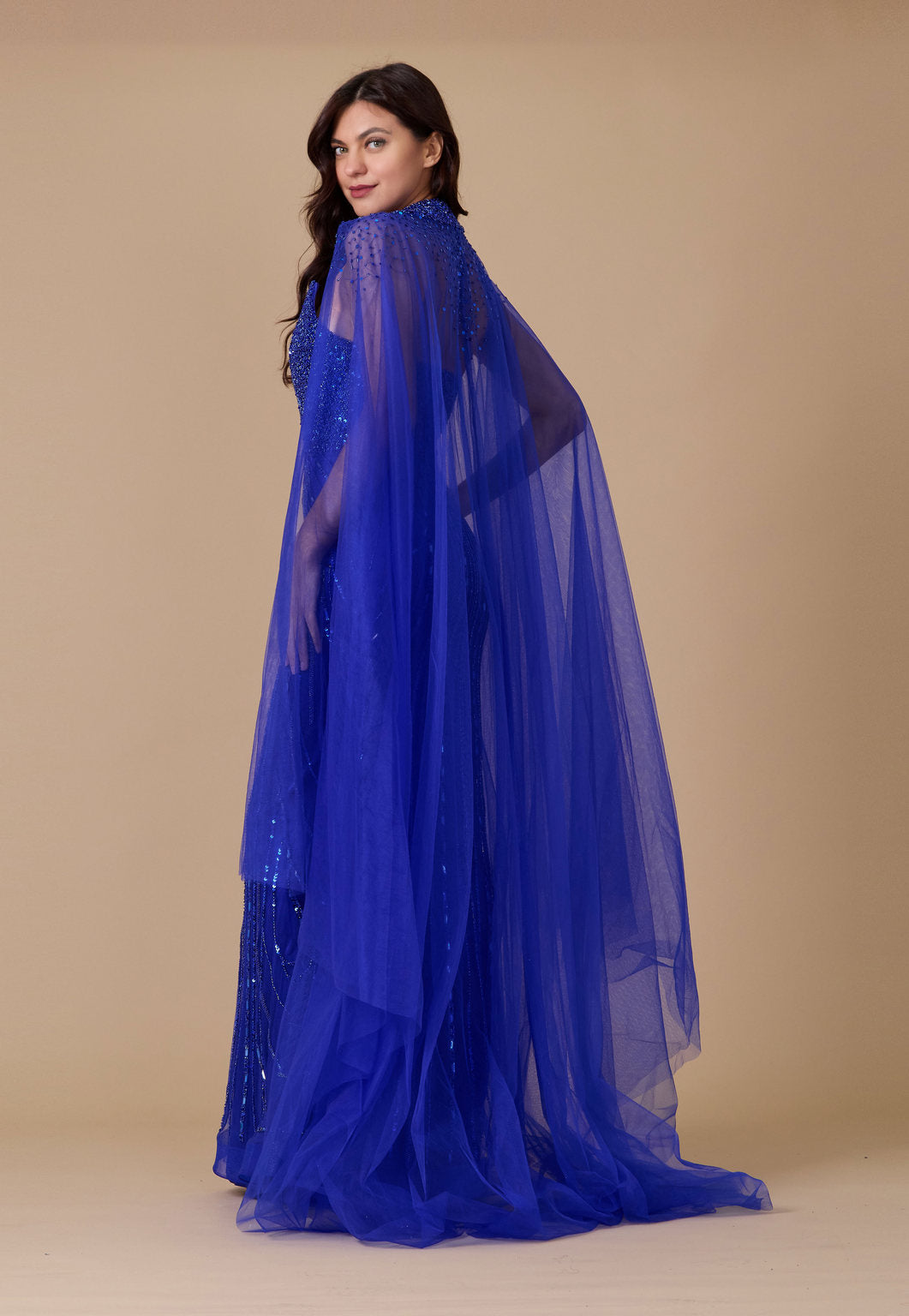 Kos Couture Long Sequin Cape Couture Evening Dress