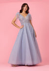 Kos Couture Short Sleeve Silver Formal Evening Dress