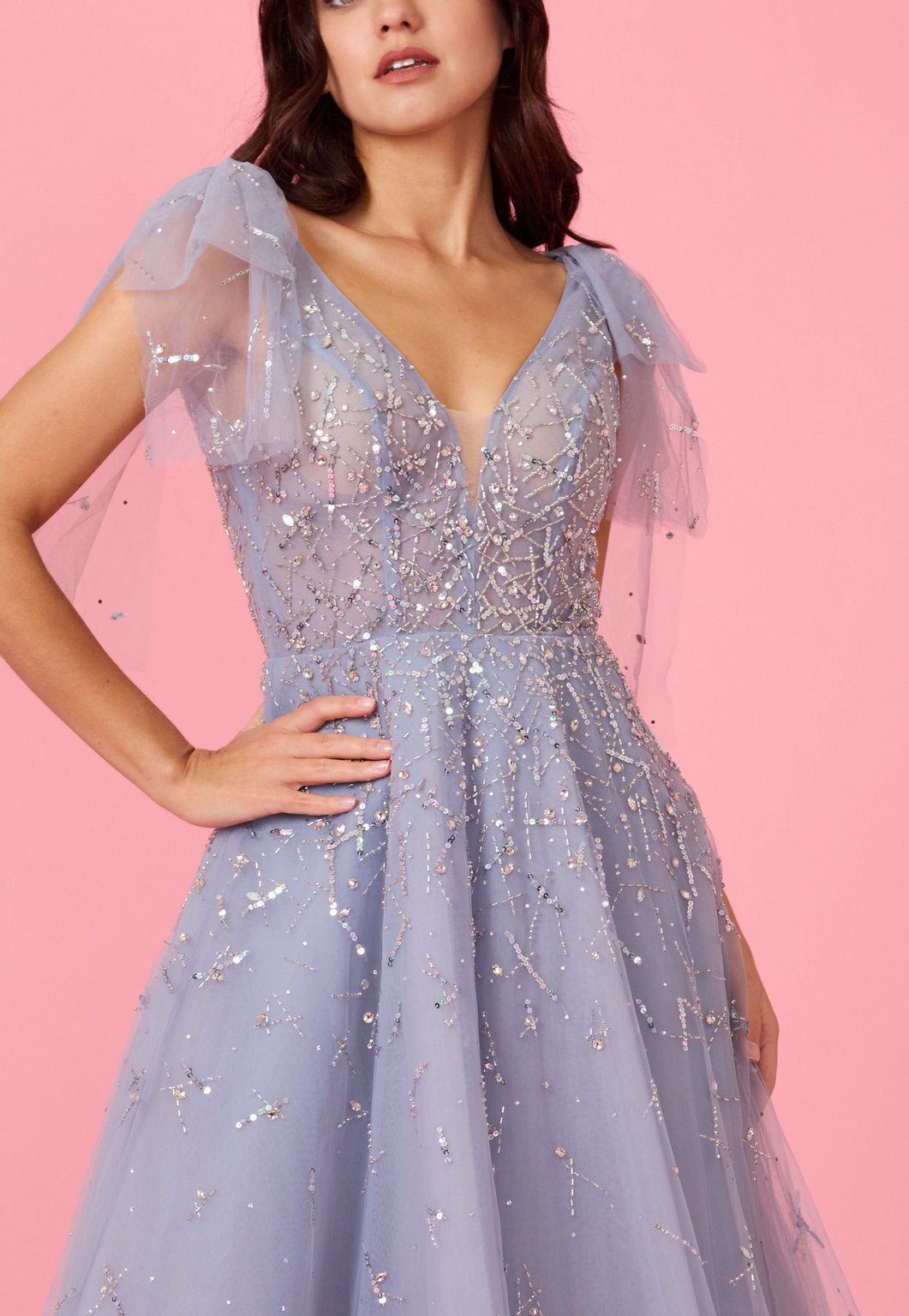 Kos Couture Short Sleeve Silver Formal Evening Dress