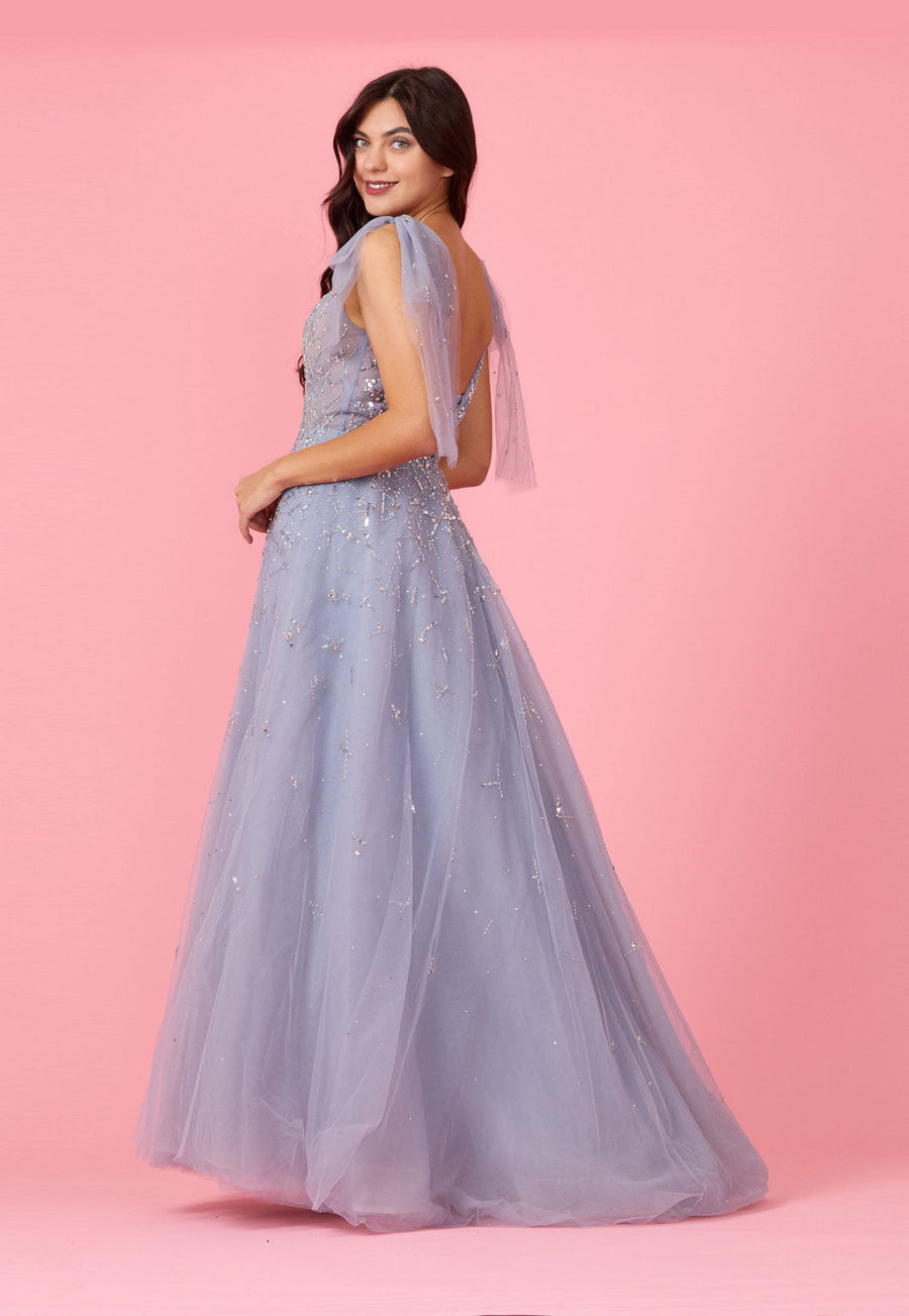Kos Couture Short Sleeve Silver Formal Evening Dress