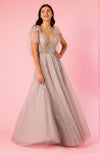 Kos Couture Short Sleeve Silver Formal Evening Dress