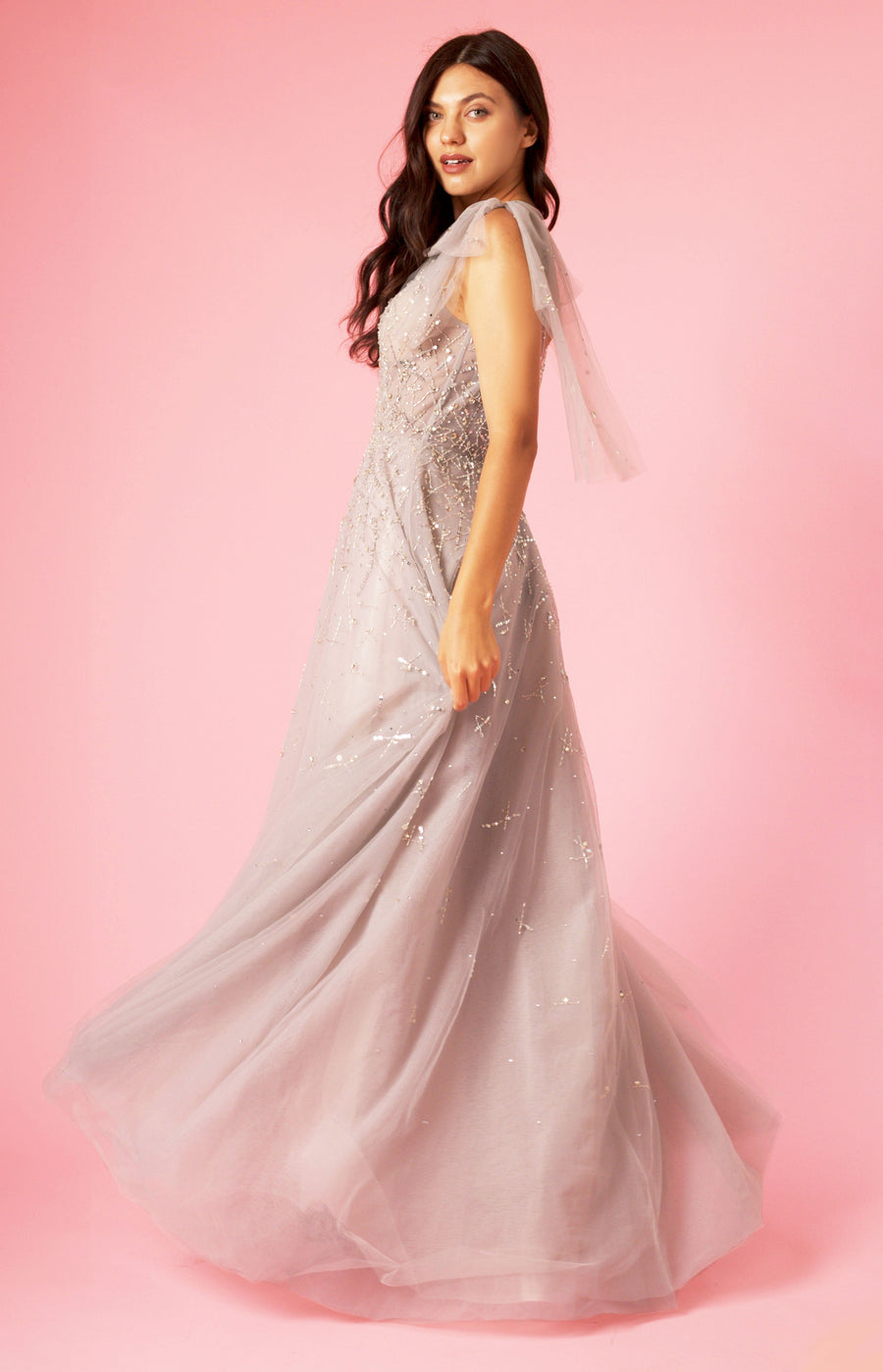 Kos Couture Short Sleeve Silver Formal Evening Dress
