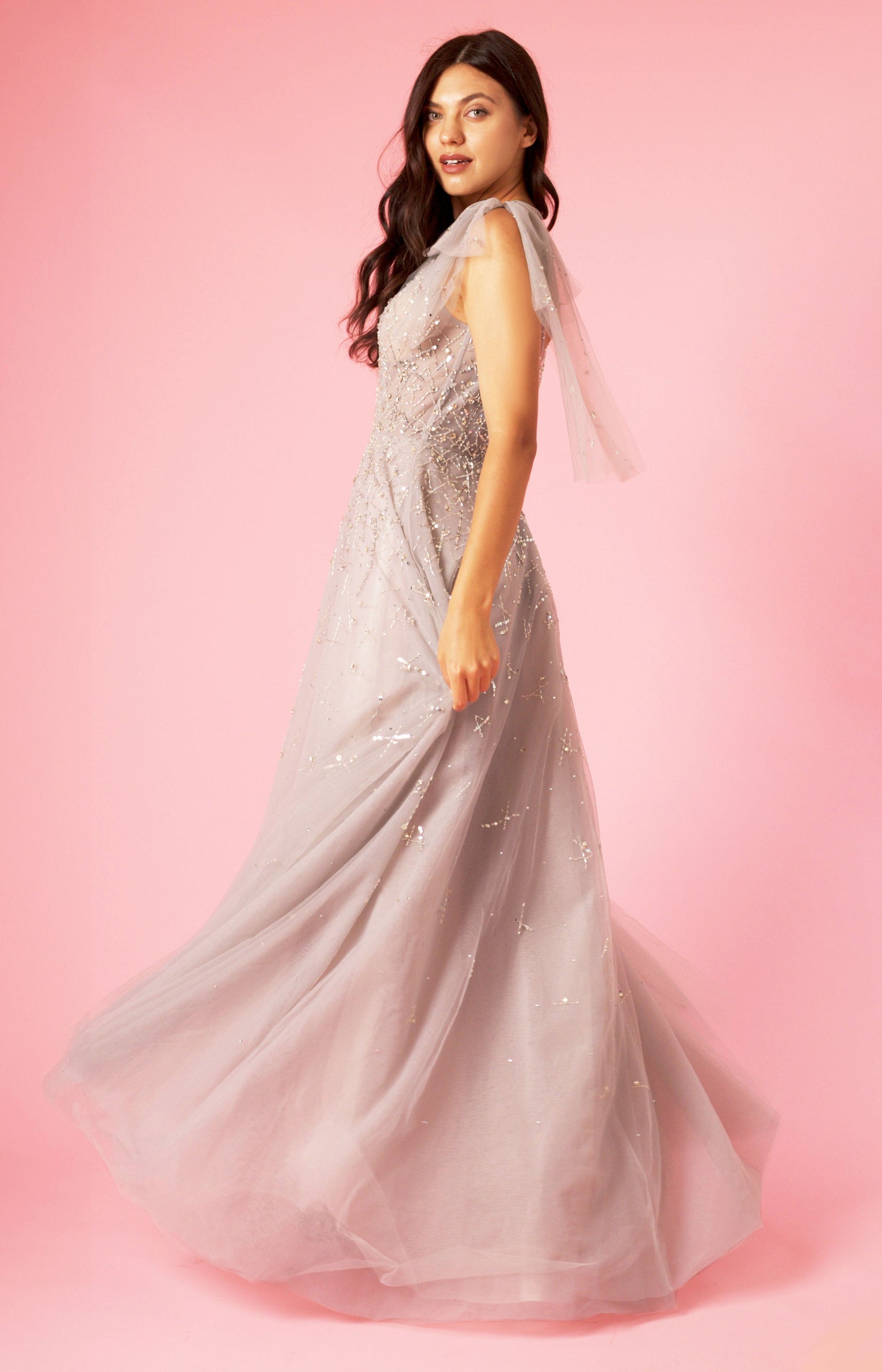 Kos Couture Short Sleeve Silver Formal Evening Dress