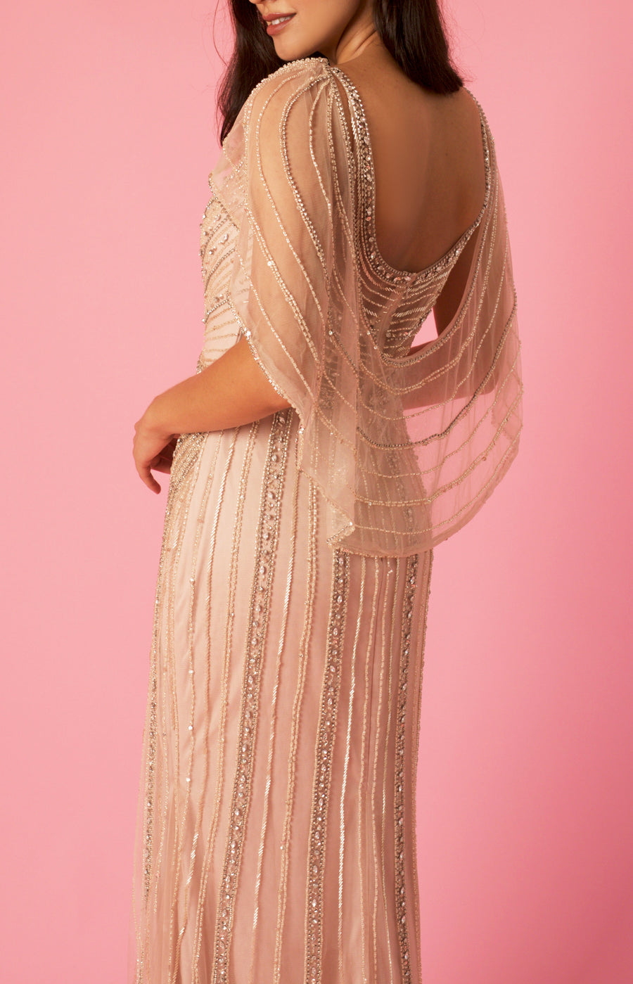 Kos Couture Long Couture Hand Beaded Formal Cape Dress