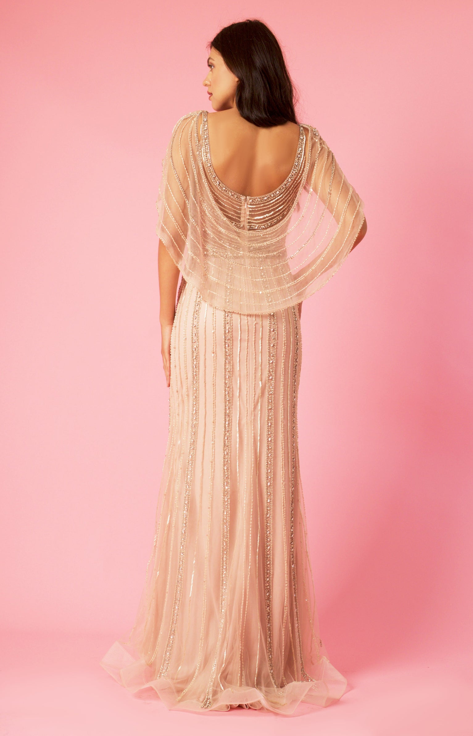 Kos Couture Long Couture Hand Beaded Formal Cape Dress