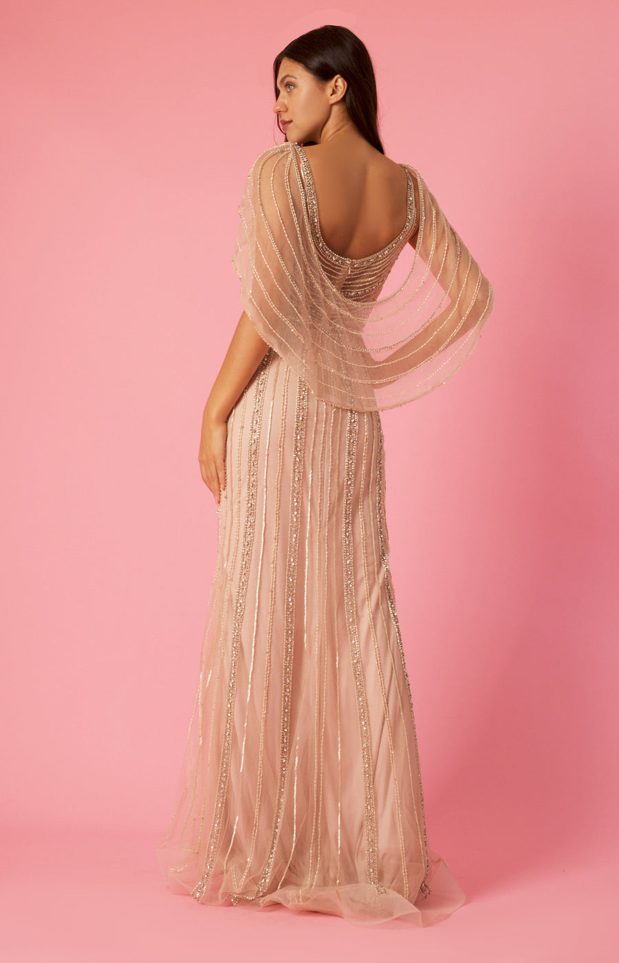 Kos Couture Long Couture Hand Beaded Formal Cape Dress