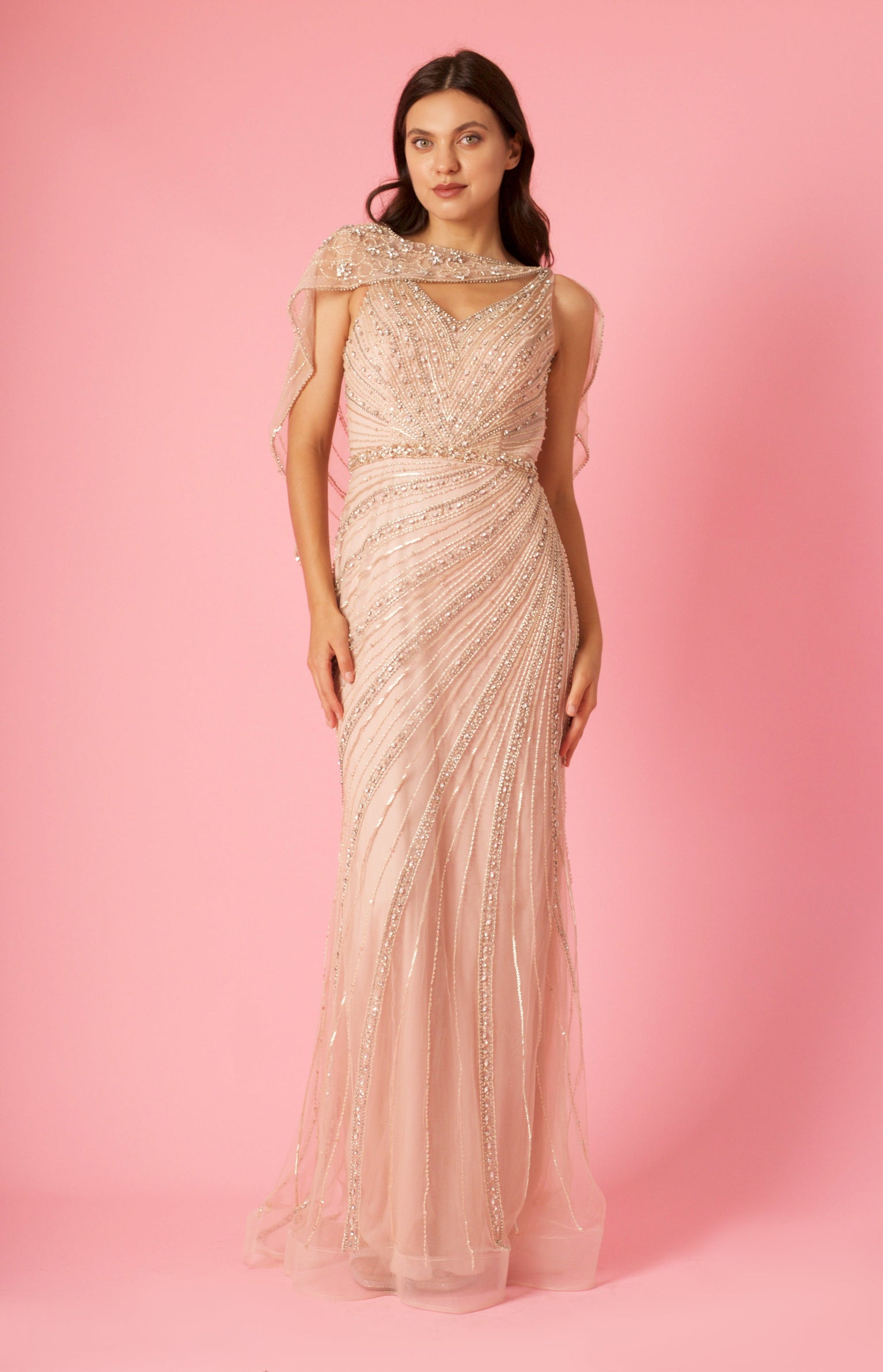 Kos Couture Long Couture Hand Beaded Formal Cape Dress