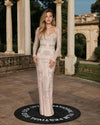 Formal Dresses Long Sleeve Embellished Sheer Mesh Column Gown Blush Nude