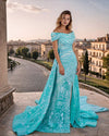 Prom Dresses Off Shoulder Embellished Gown with Dramatic Train Aqua