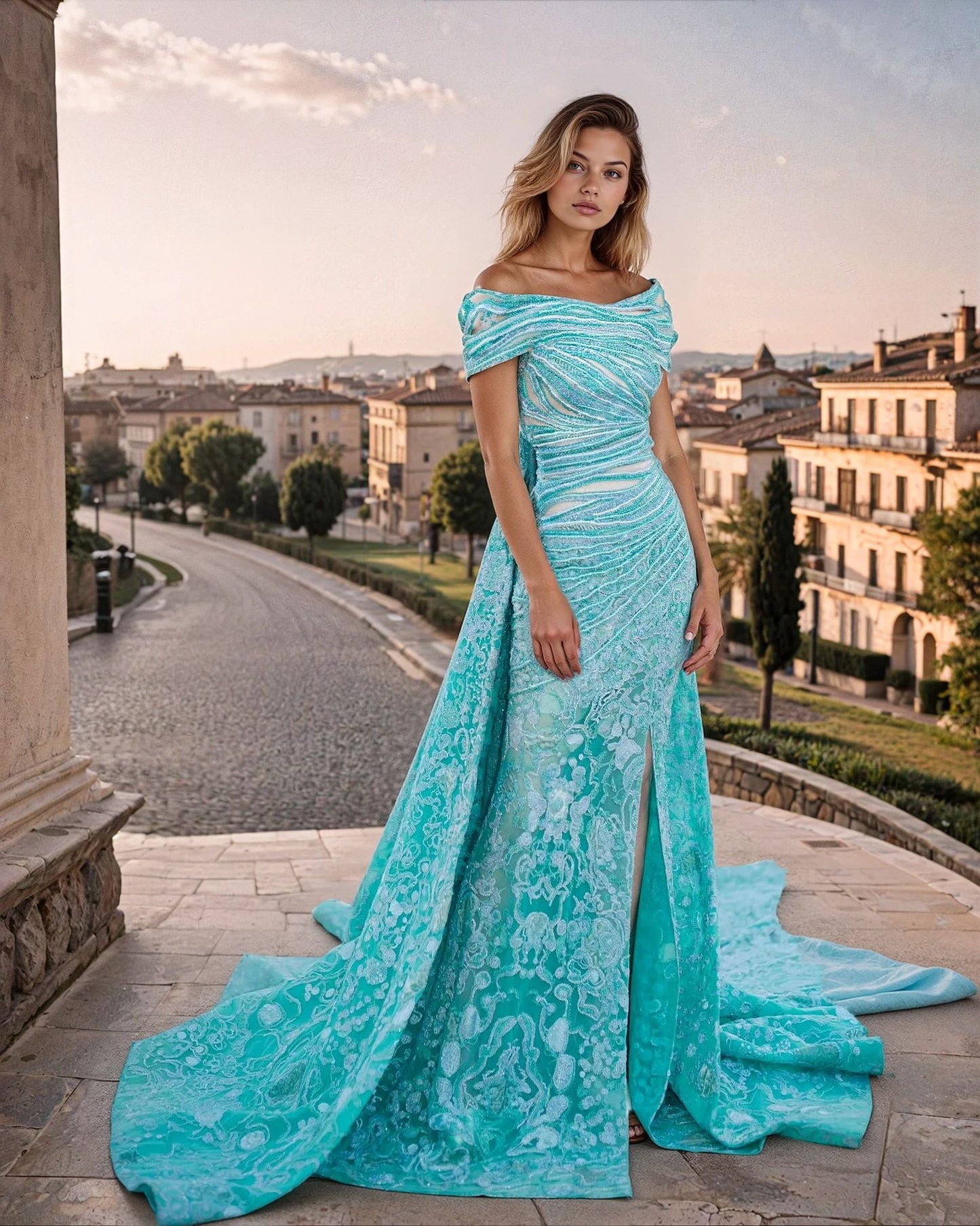 Prom Dresses Off Shoulder Embellished Gown with Dramatic Train Aqua