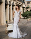 Wedding Dresses Lace V Neck Cap Sleeve Mermaid Gown with Chapel Train Ivory