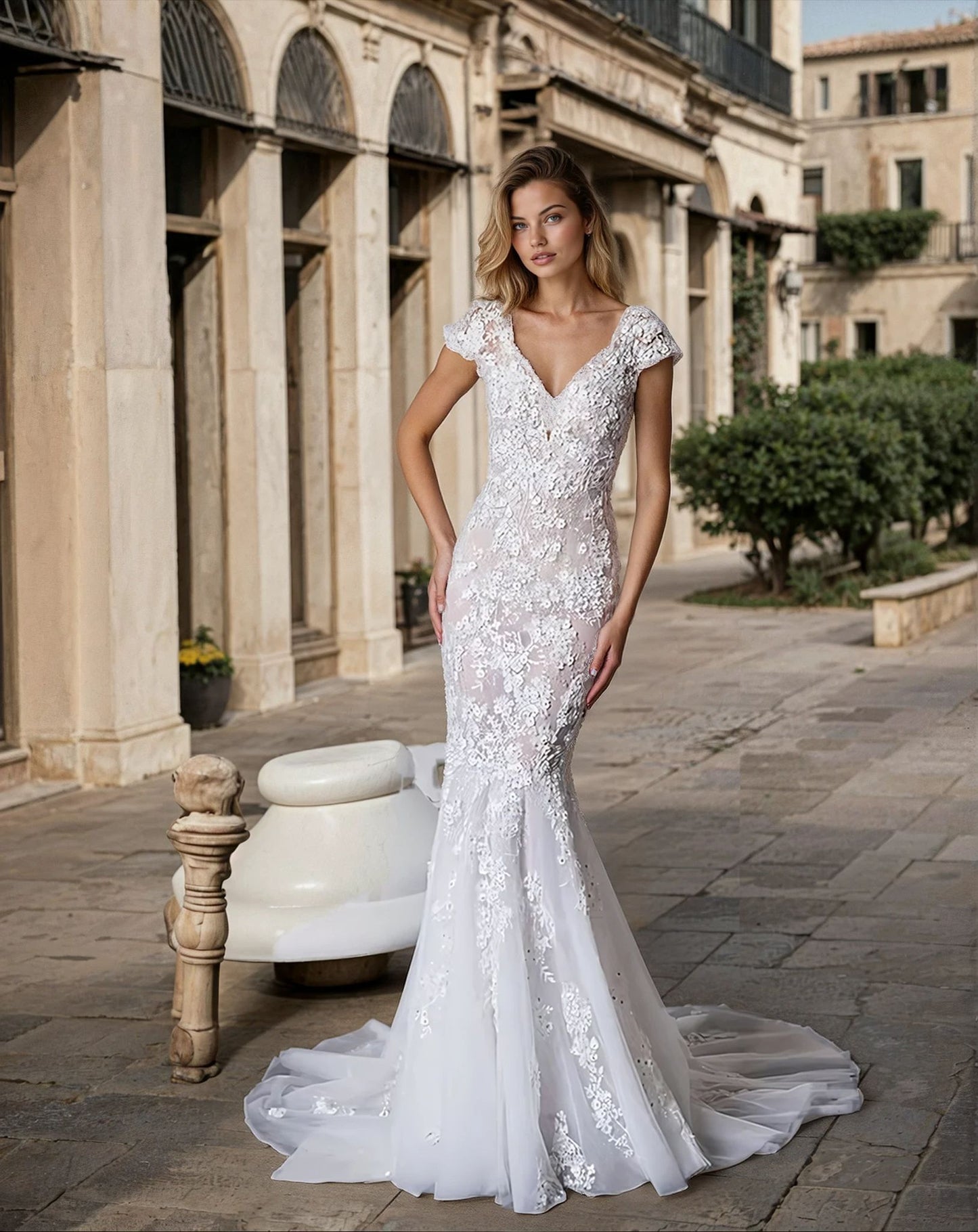 Wedding Dresses Lace V Neck Cap Sleeve Mermaid Gown with Chapel Train Ivory