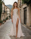 Prom Dresses One Shoulder Beaded Gown with High Slit and Sheer Skirt Ivory/Nude